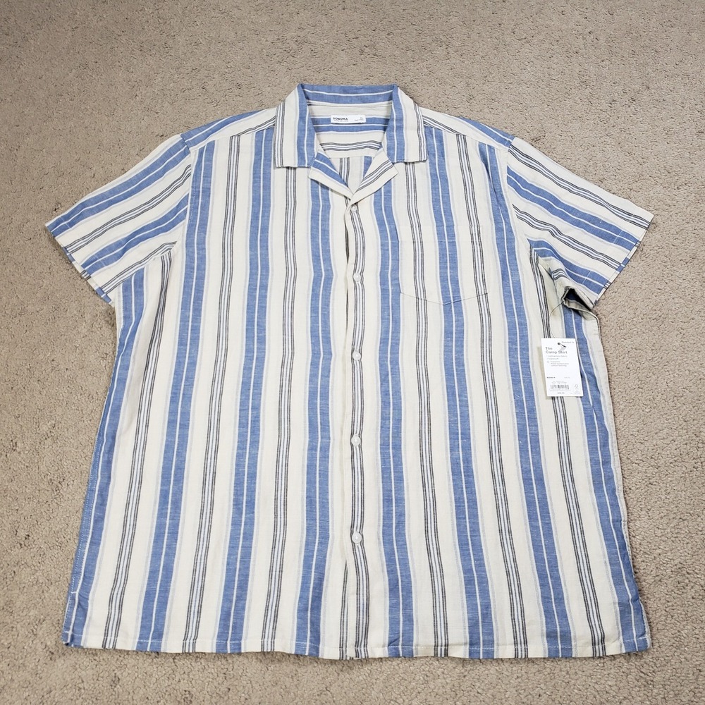 NEW Sonoma Mens Linen Blend Shirt XL Blue White Stripe Camp Coastal Summer Beach